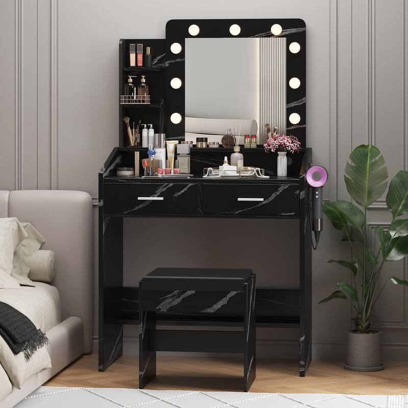 Alt View 3. GARVEE - Vanity Desk with Mirror and Lights, Marble Finish Makeup Table, 2 Drawers, Dimmable LED, Stool Included, Marble Black - Marble Black.