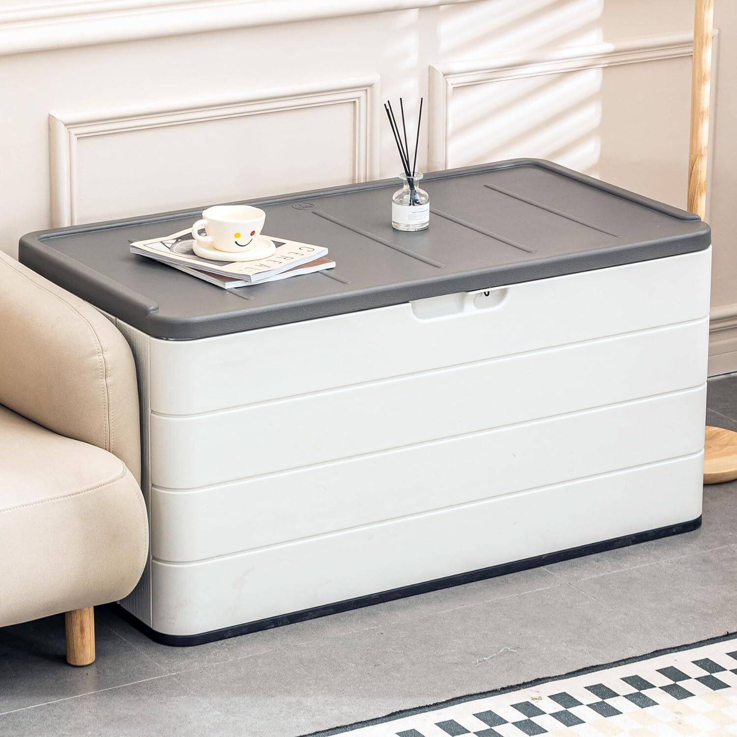 Alt View 2. Mondawe - 110 Gallons HDPE Hydraulic Lift Lockable Waterproof Outdoor Storage Box - White.