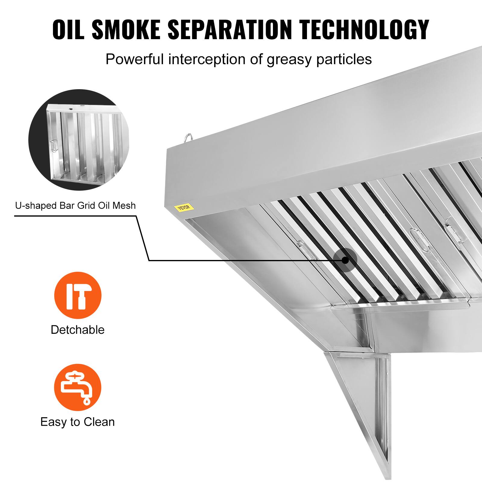 OIL SMOKE SEPARATION TECHNOLOGY  
Powerful interception of greasy particles  

U-shaped Bar Grid Oil Mesh  

IT  
Detachable  

Easy to Clean