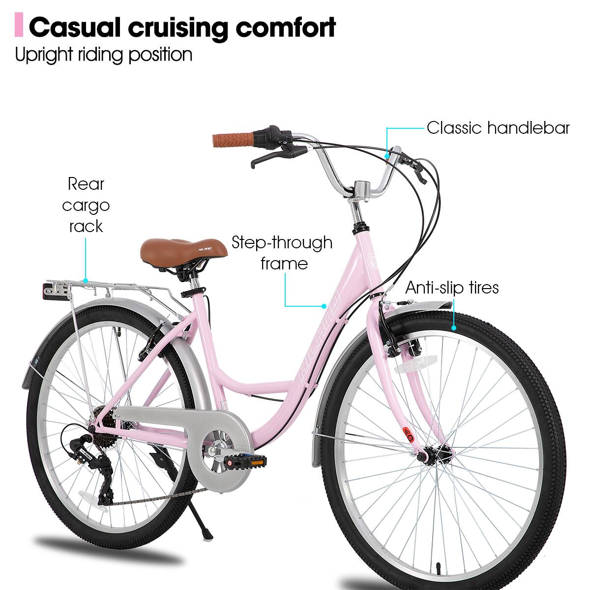 Casual cruising comfort  
Upright riding position  
Classic handlebar  
Rear cargo rack  
Step-through frame  
Anti-slip tires