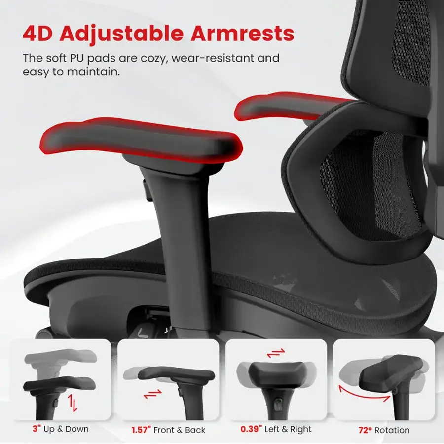 4D Adjustable Armrests: The soft PU pads are cozy, wear-resistant, and easy to maintain. Features: 3" Up & Down, 1.57" Front & Back, 0.39" Left & Right, and 72 Rotation.