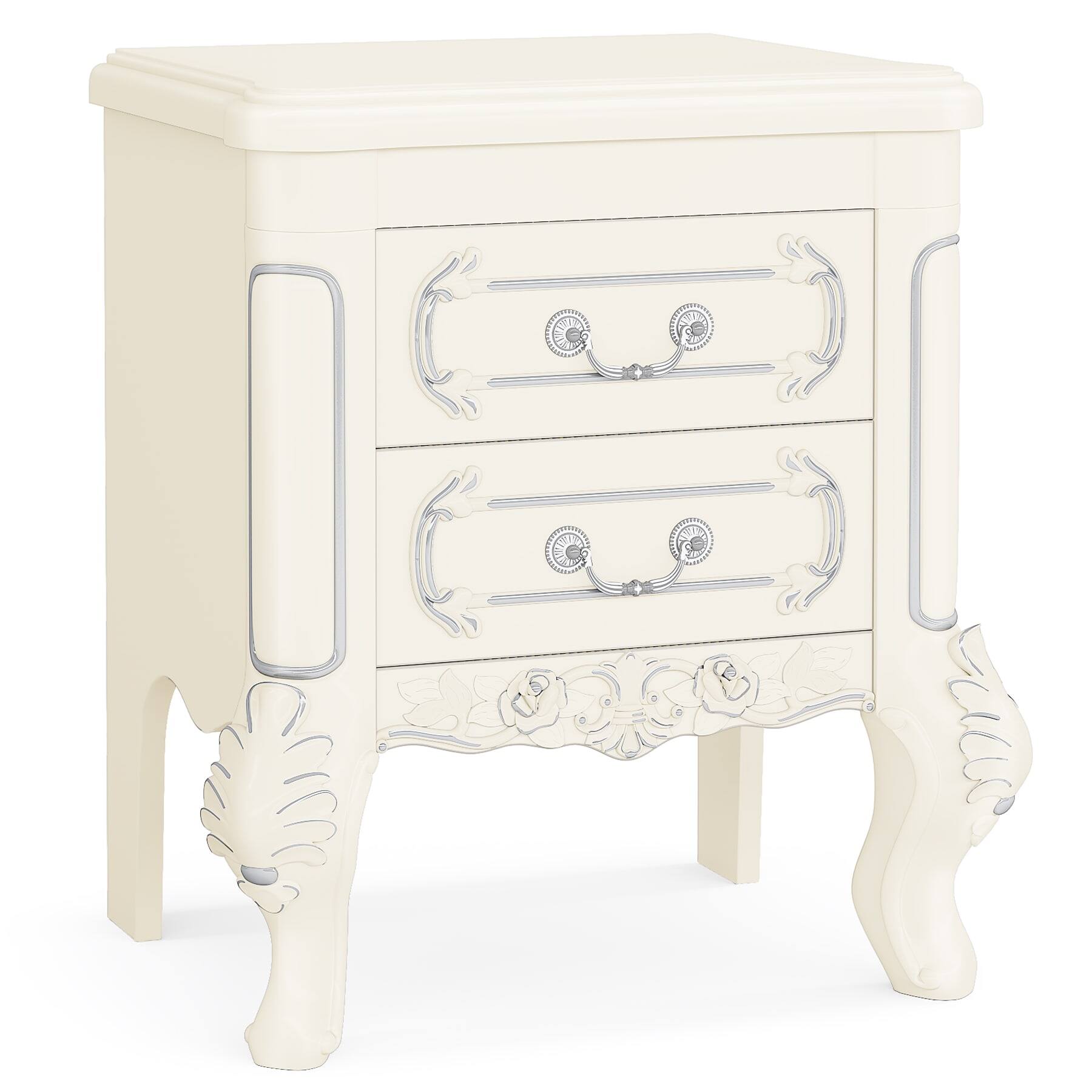 Alt View 1. Kadyn - Kadyn Elegant Carved Nightstand, Dual Drawer End Table for Bedroom, Sturdy & Stylish, White - White.