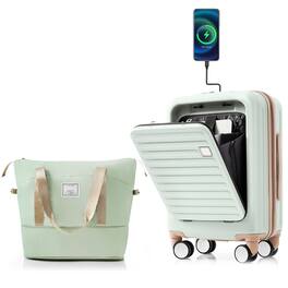 LOVMOR - 2-Piece ABS Hardshell Luggage Set 20" Front-Opening USB Cup Holder Expandable Travel Bag - Green