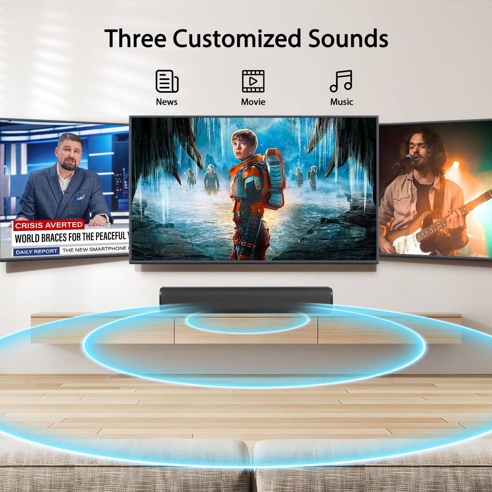 Three Customized Sounds

News  
Movie  
Music  

CRISIS AVERTED  
WORLD BRACES FOR THE PEACEFUL  

DAILY REPORT  
THE NEW SMARTPHONE