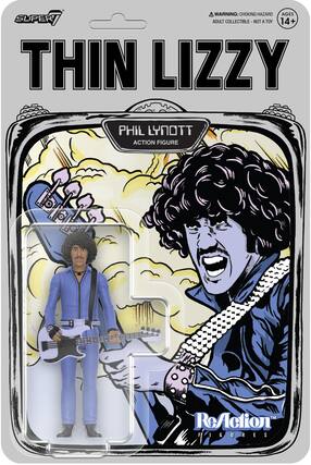 Sure, here is the corrected and grouped text from the image:
---
**SUPER7**
**THIN LIZZY**
**PHIL LYNOTT**
ACTION FIGURE
**WARNING: CHOKING HAZARD**
ADULT COLLECTIBLE - NOT A TOY
**AGES 14+**
**ReAction FIGURES**
---