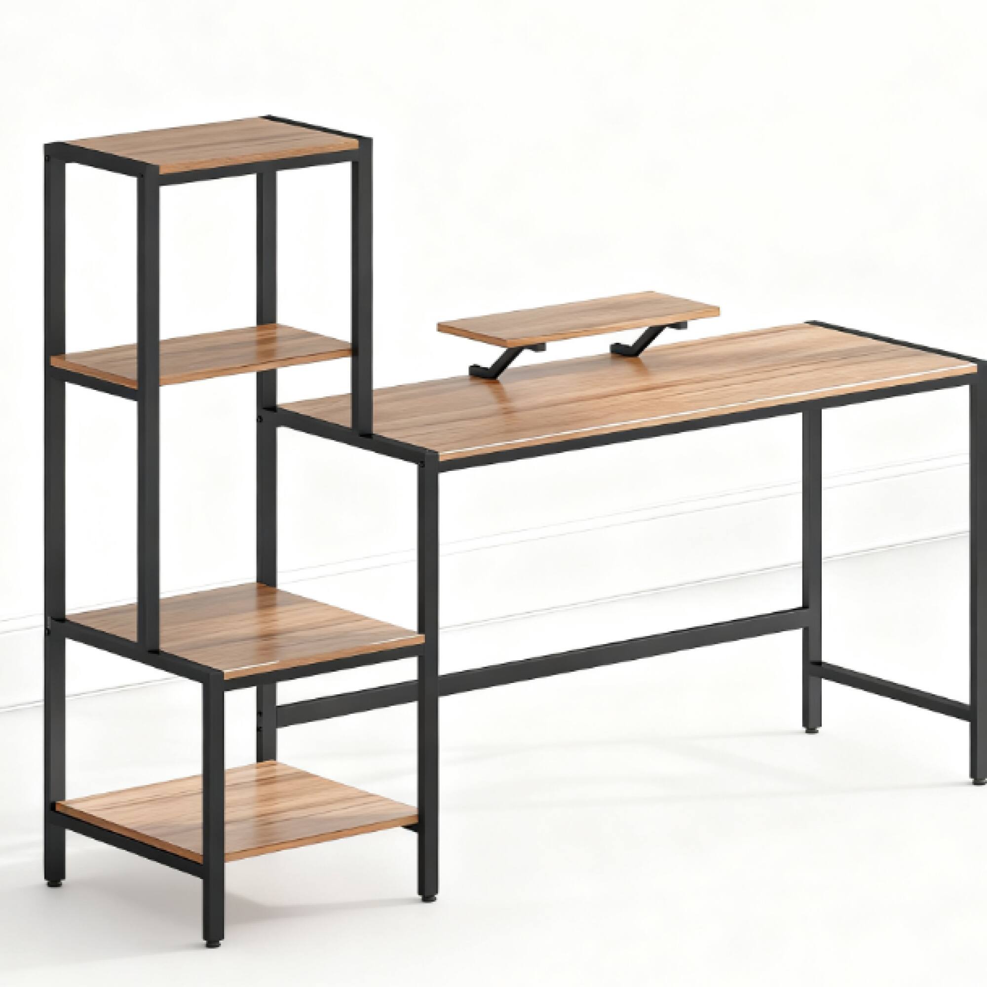 Angle. GOODSILO - Industrial Computer Desk with Reversible Shelves and Elevated Monitor Stand for Home Office Workstation - Black+Brown.
