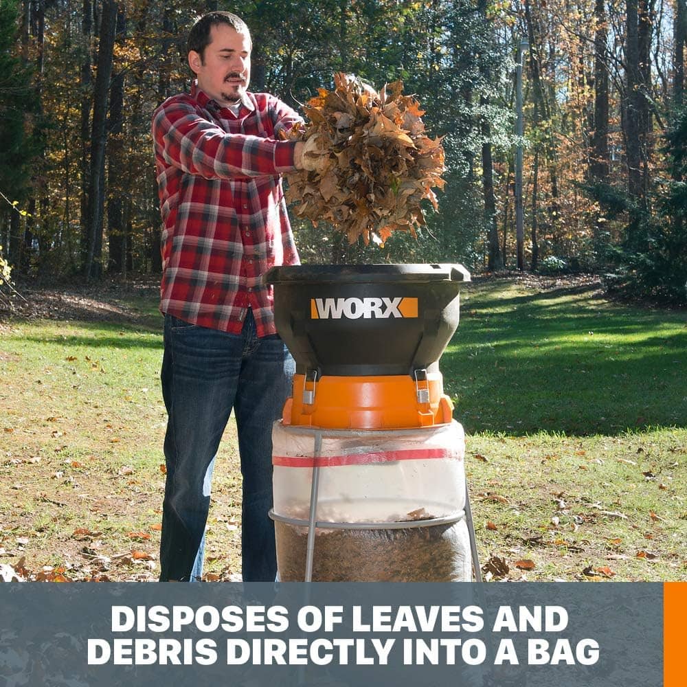 The image shows a man using a leaf disposal machine, which is designed to dispose of leaves and debris directly into a bag. The man is holding a pile of leaves over the machine, and the leaves are being sucked into the bag. This method of disposal is efficient and environmentally friendly, as it helps keep the yard clean and reduces the need for manual labor.