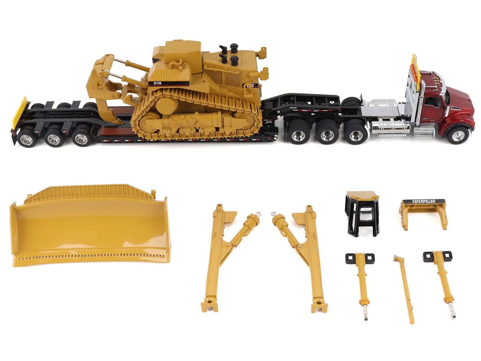 Back. Diecast Masters - Kenworth T880 Day Cab Red with Trail King TK120 Lowboy Trailer and CAT D11R Dozer Components Load 1/50 Transport Series - Red, Yellow, Black.