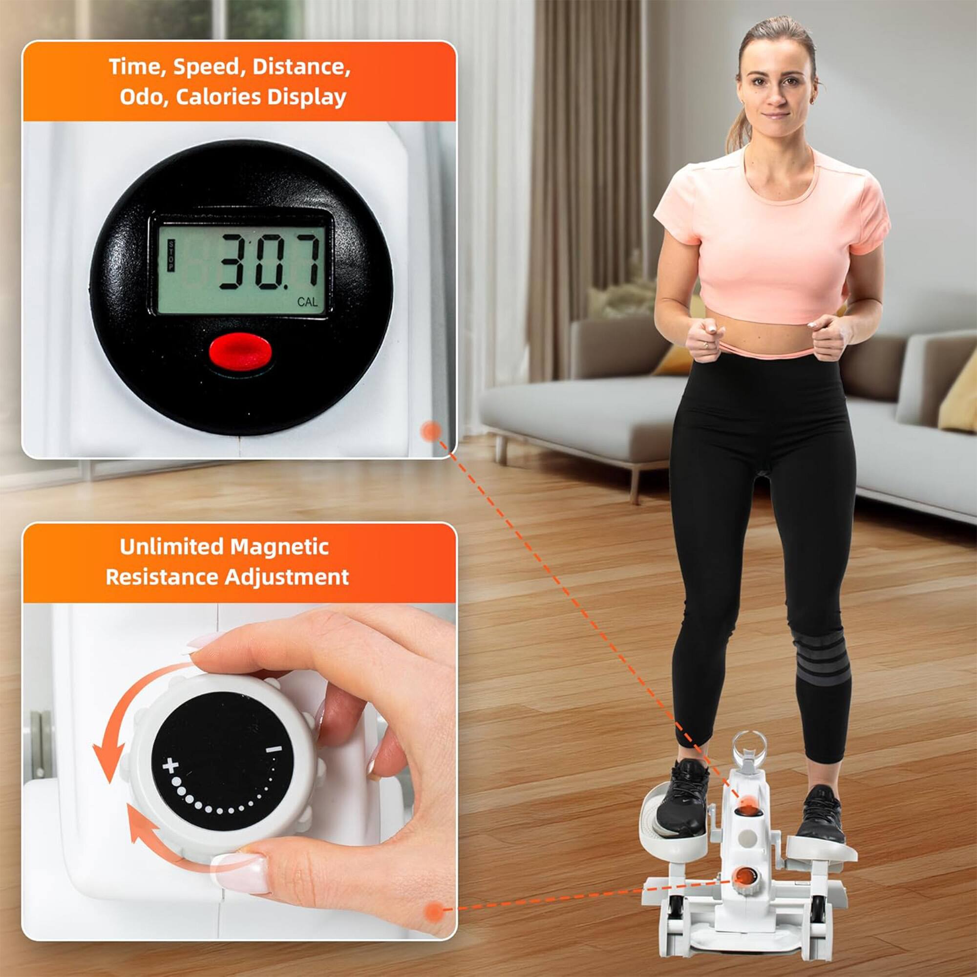 Time, Speed, Distance, Odo, Calories Display

30.7 CAL

Unlimited Magnetic Resistance Adjustment