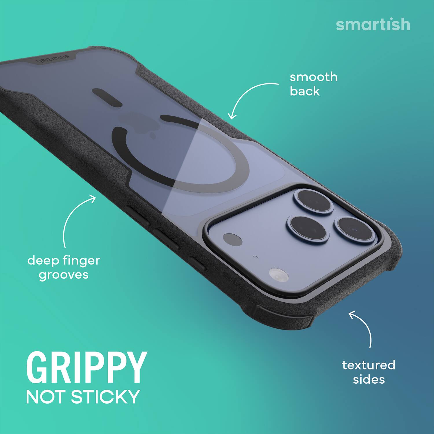 smartish  
smooth back  
deep finger grooves  
textured sides  
GRIPPY NOT STICKY