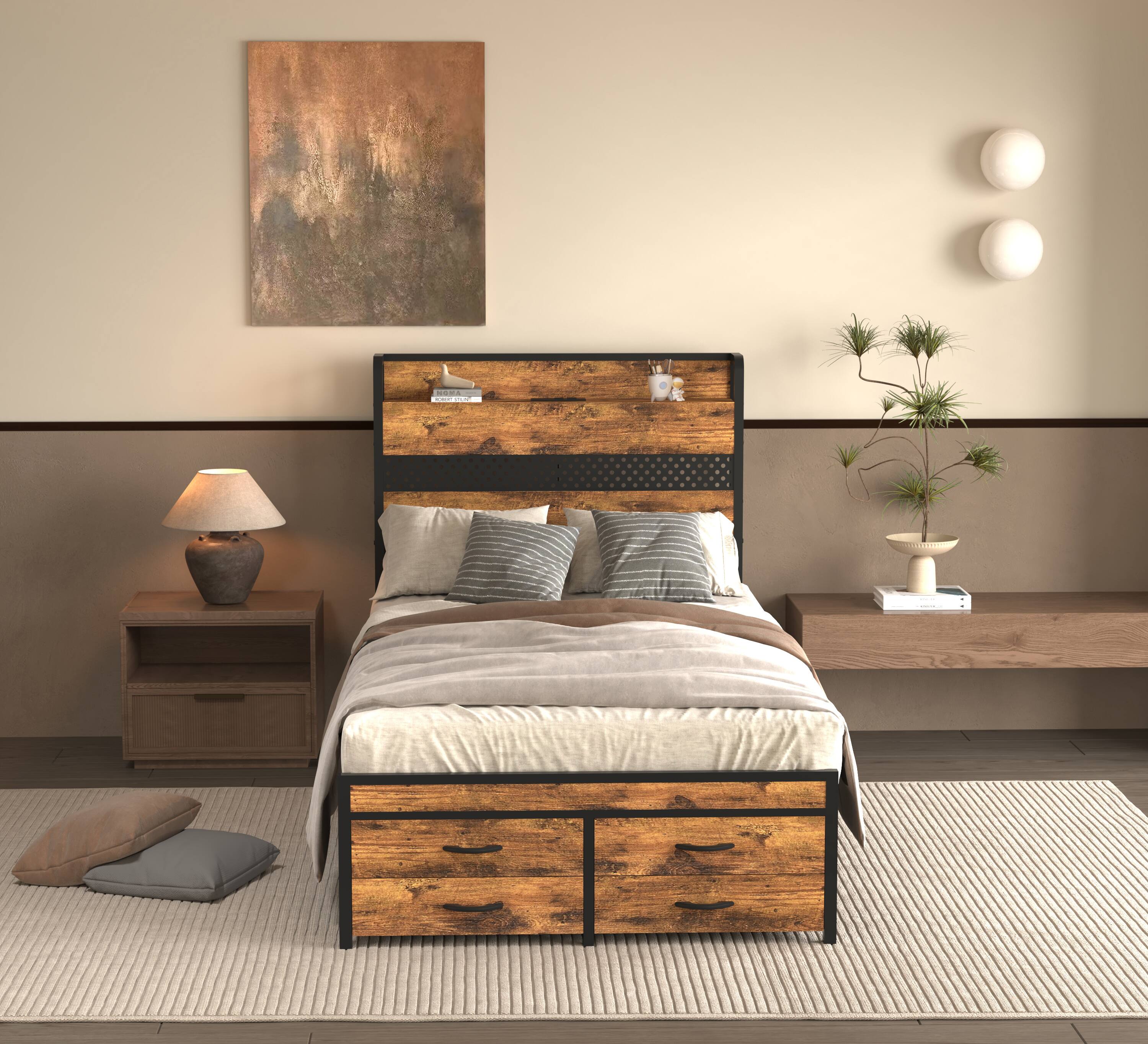 Angle. LUCKY ONE - Twin Size Bed Frames with Storage Drawers - Brown.