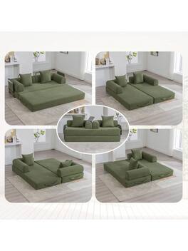 Trinkets Crazed - Convertible Sleeper Sofa Bed With 2 Pillows, 78.5" Corduroy Folding Mattress Couch With Fixed-Shape Frame - Green