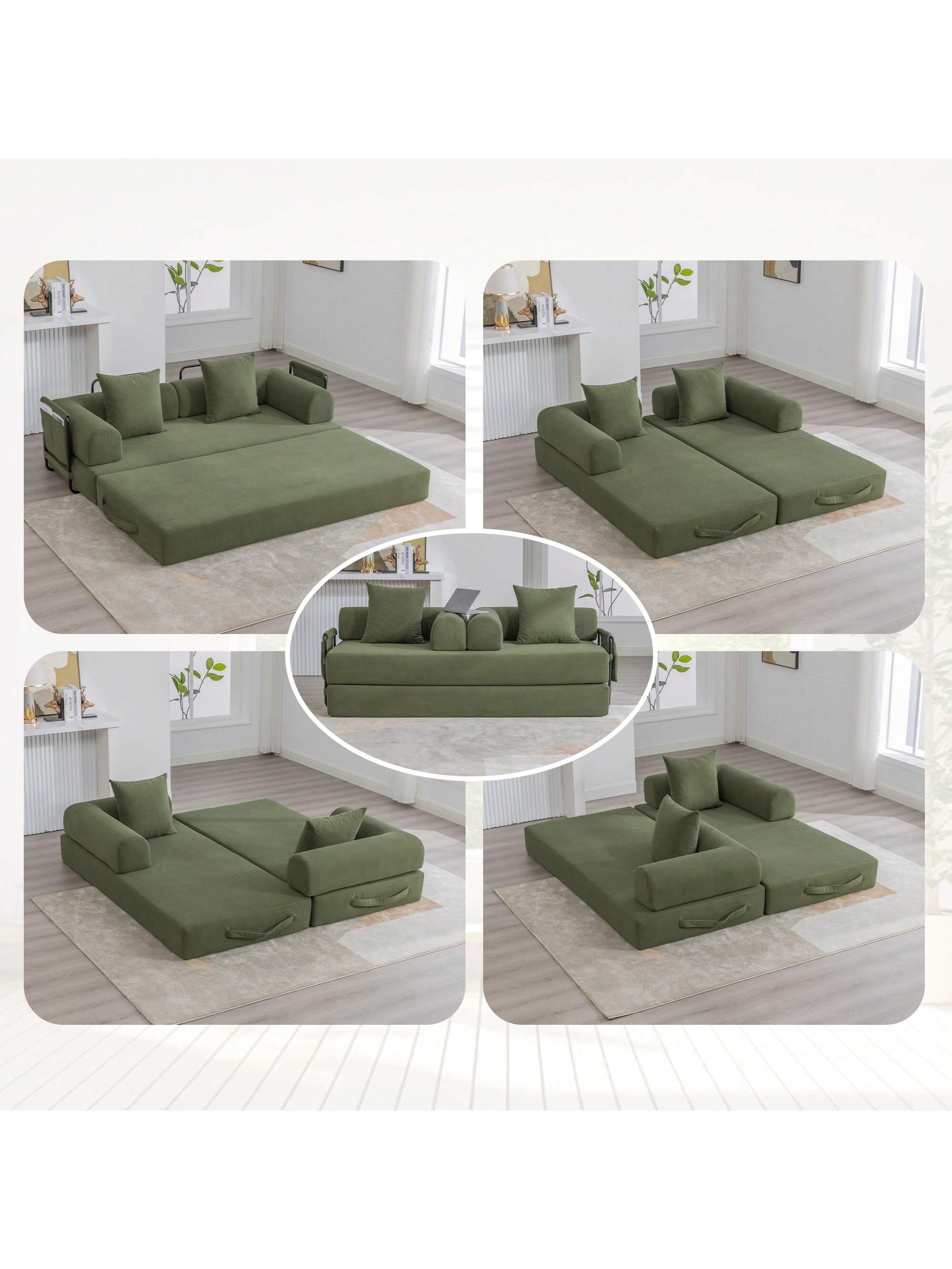 Front. Trinkets Crazed - Convertible Sleeper Sofa Bed With 2 Pillows, 78.5" Corduroy Folding Mattress Couch With Fixed-Shape Frame - Green.
