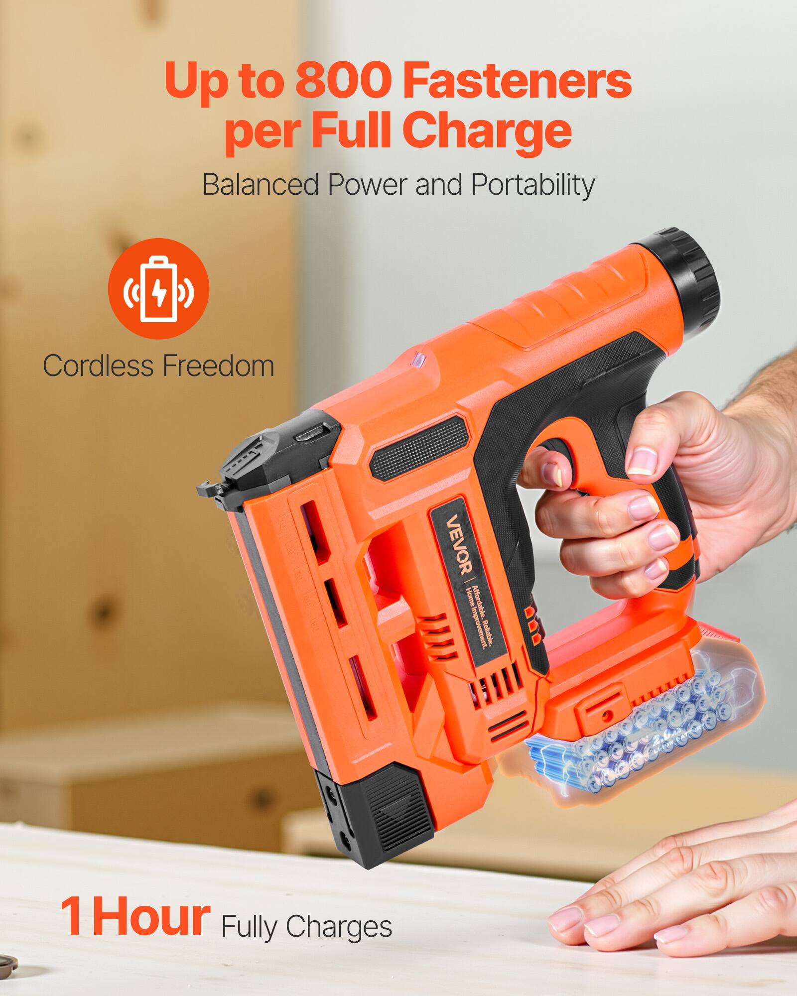 Up to 800 Fasteners per Full Charge  
Balanced Power and Portability  
Cordless Freedom  

1 Hour Fully Charges