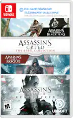 NINTENDO SWITCH
FULL GAME DOWNLOAD
TÉLÉCHARGEMENT DU JEU COMPLET
GAME CARD NOT INCLUDED! / CARTE DE JEU NON INCLUSE!
ASSASSIN'S CREED IV BLACK FLAG
THE REBEL COLLECTION
ASSASSIN'S CREED ROGUE
ASSASSIN'S CREED III REMASTERED
MATURE 17+
JEUNES ADULTES 17+
M ESRB
UBISOFT