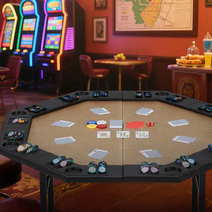 The text in the image appears to be a mix of symbols and letters that are not clearly legible. However, based on the context of a casino setting, it seems to be related to a game or a sign. Here is a possible interpretation and correction:
- "CAR"
- "CONLE aida"
This could be part of a larger phrase or name, but without more context, it's difficult to determine the exact meaning. The text might be part of a sign or a game-related message in the casino.