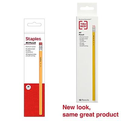 Staples  
#2 Pencil  
Premium wood  
Durable for connections  
#2 lead provides smooth writing  
12 Pencils  

TRU RED  
#2 Pencil  
Premium wood  
Durable for connections  
#2 lead provides smooth writing  
12 Pencils  

New look, same great product