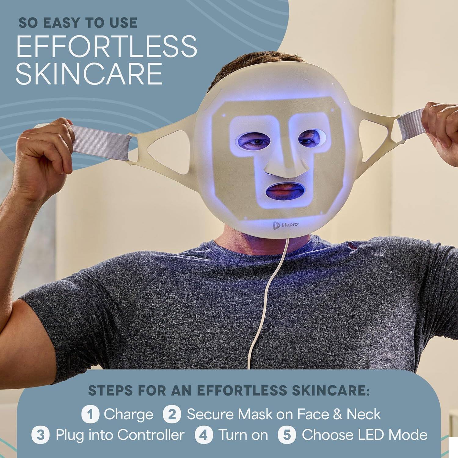 SO EASY TO USE  
EFFORTLESS SKINCARE  

STEPS FOR AN EFFORTLESS SKINCARE:  
1. Charge  
2. Secure Mask on Face & Neck  
3. Plug into Controller  
4. Turn on  
5. Choose LED Mode
