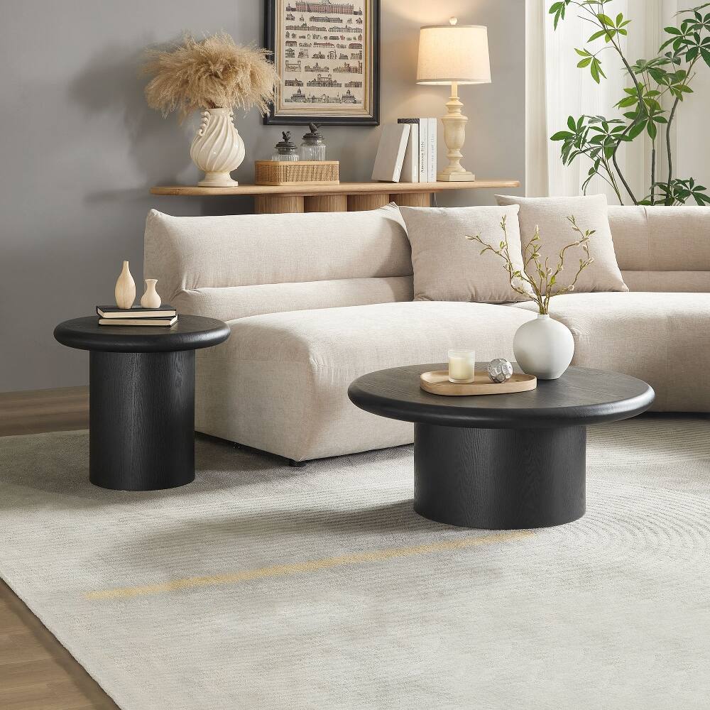 Alt View 1. Loheer - Loheer 2-Piece Modern Round Coffee Table Set Black Nesting Wood Veneer Easy Assembly - Black.