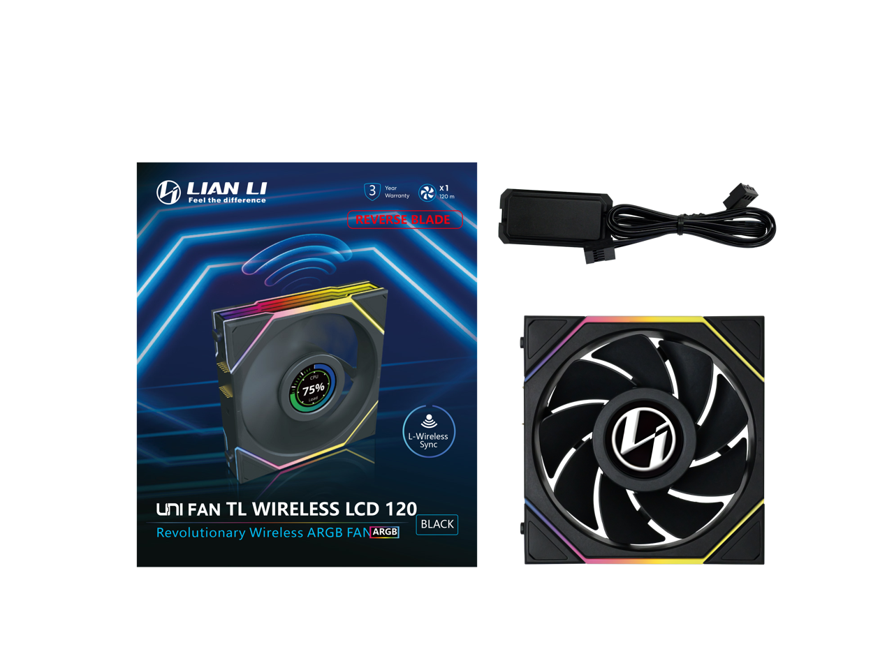 Lian Li  
Feel the difference  

3 Year x1 - Warranty  

Reverse Blade  

75%  

L-Wireless Sync  

Uni Fan TL Wireless LCD 120  
Revolutionary Wireless ARGB Fan  
BLACK