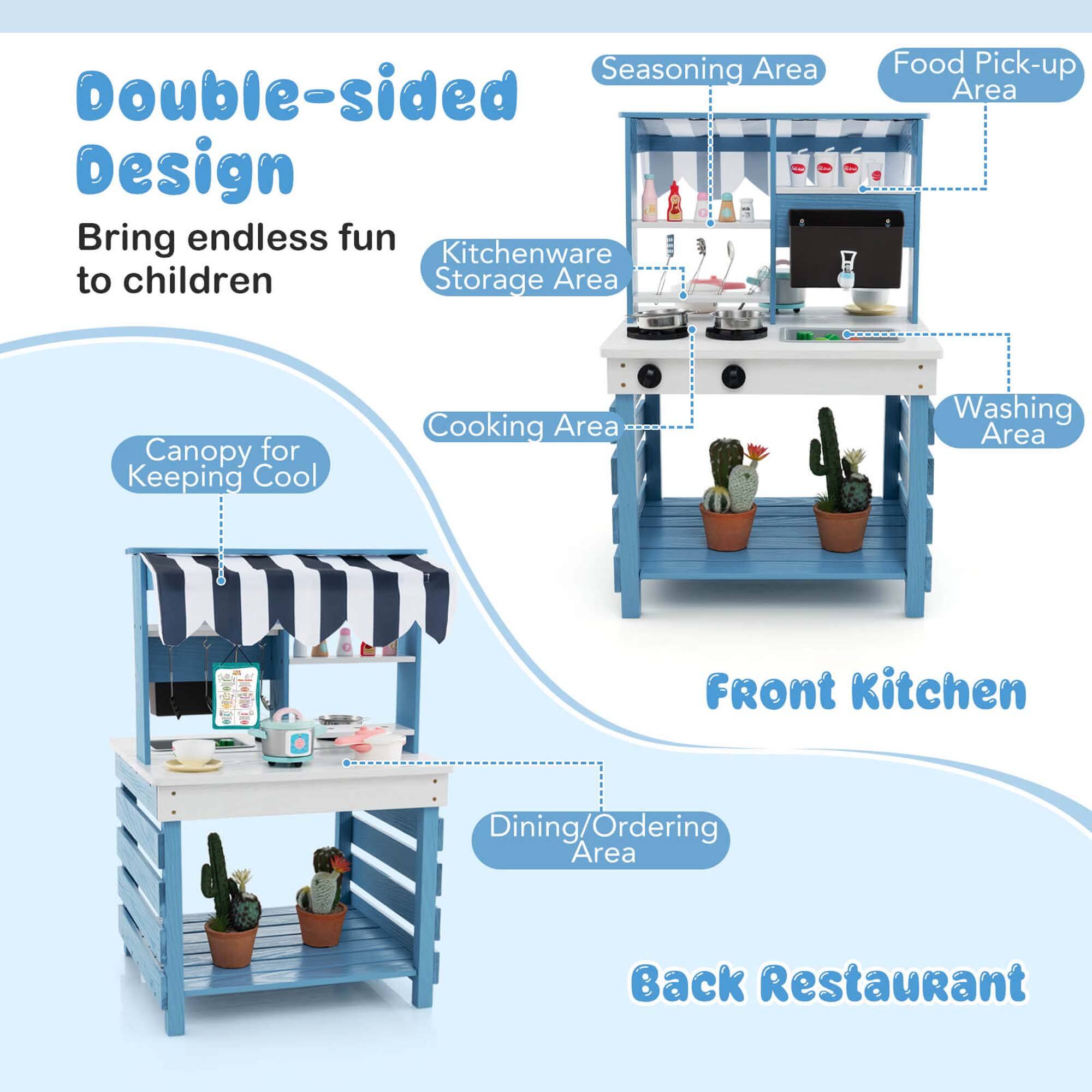 Double-sided Design  
Bring endless fun to children  

Front Kitchen  
- Seasoning Area  
- Food Pick-up Area  
- Kitchenware Storage Area  
- Cooking Area  
- Washing Area  

Back Restaurant  
- Canopy for Keeping Cool  
- Dining/Ordering Area
