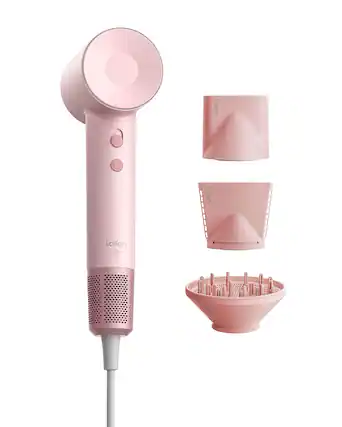 Laifen: The pink hair dryer and its attachments.