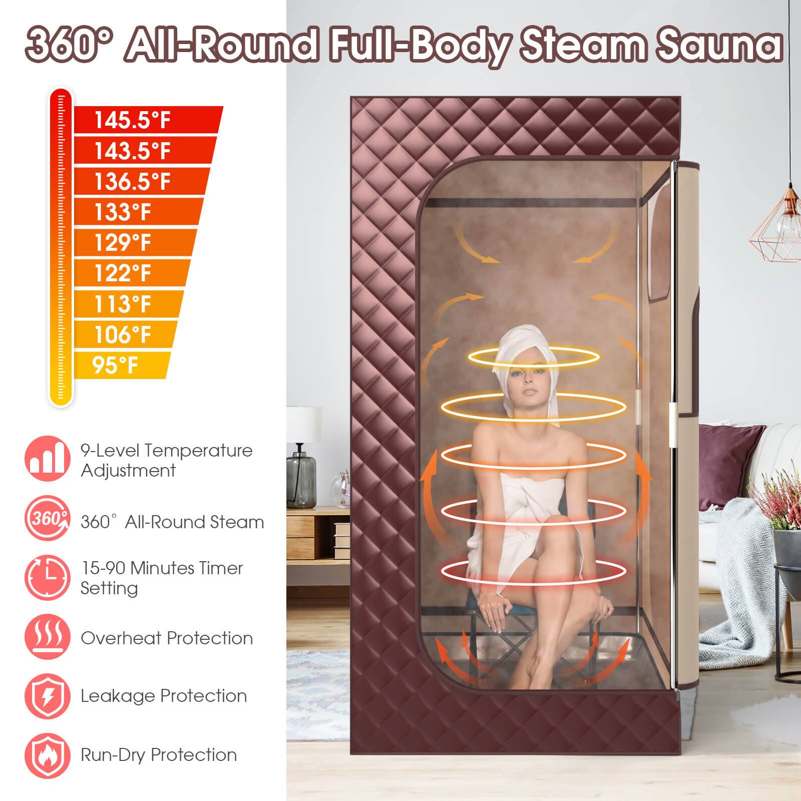 360 All-Round Full-Body Steam Sauna:

* 145.5F
* 143.5F
* 136.5F
* 133F
* 129F
* 122F
* 113F
* 106F
* 95F
* 9-Level Temperature Adjustment
* 360 All-Round Steam
* 15-90 Minutes Timer Setting
* Overheat Protection
* Leakage Protection
* Run-Dry Protection