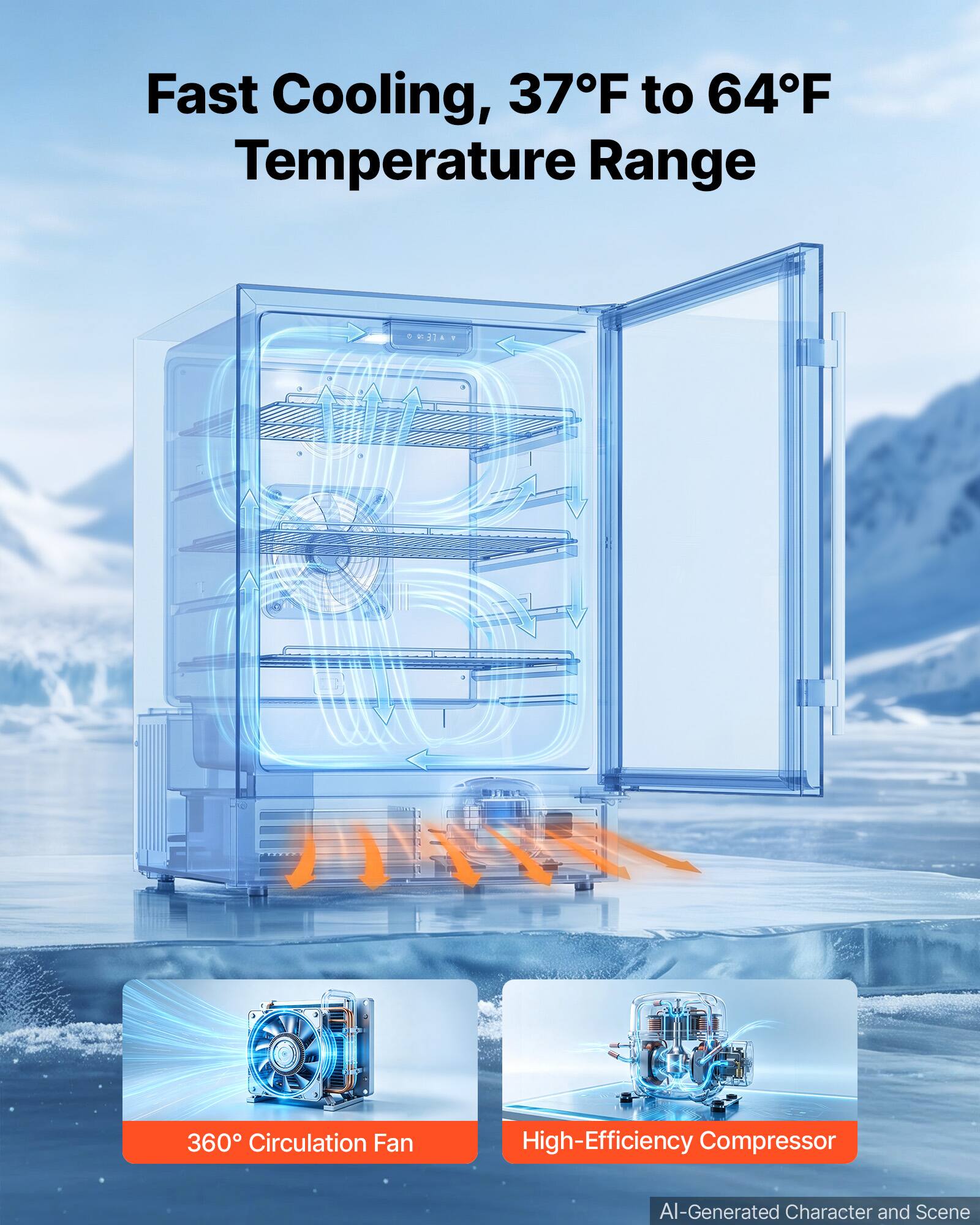Fast Cooling, 37°F to 64°F Temperature Range

360° Circulation Fan

High-Efficiency Compressor

AI-Generated Character and Scene
