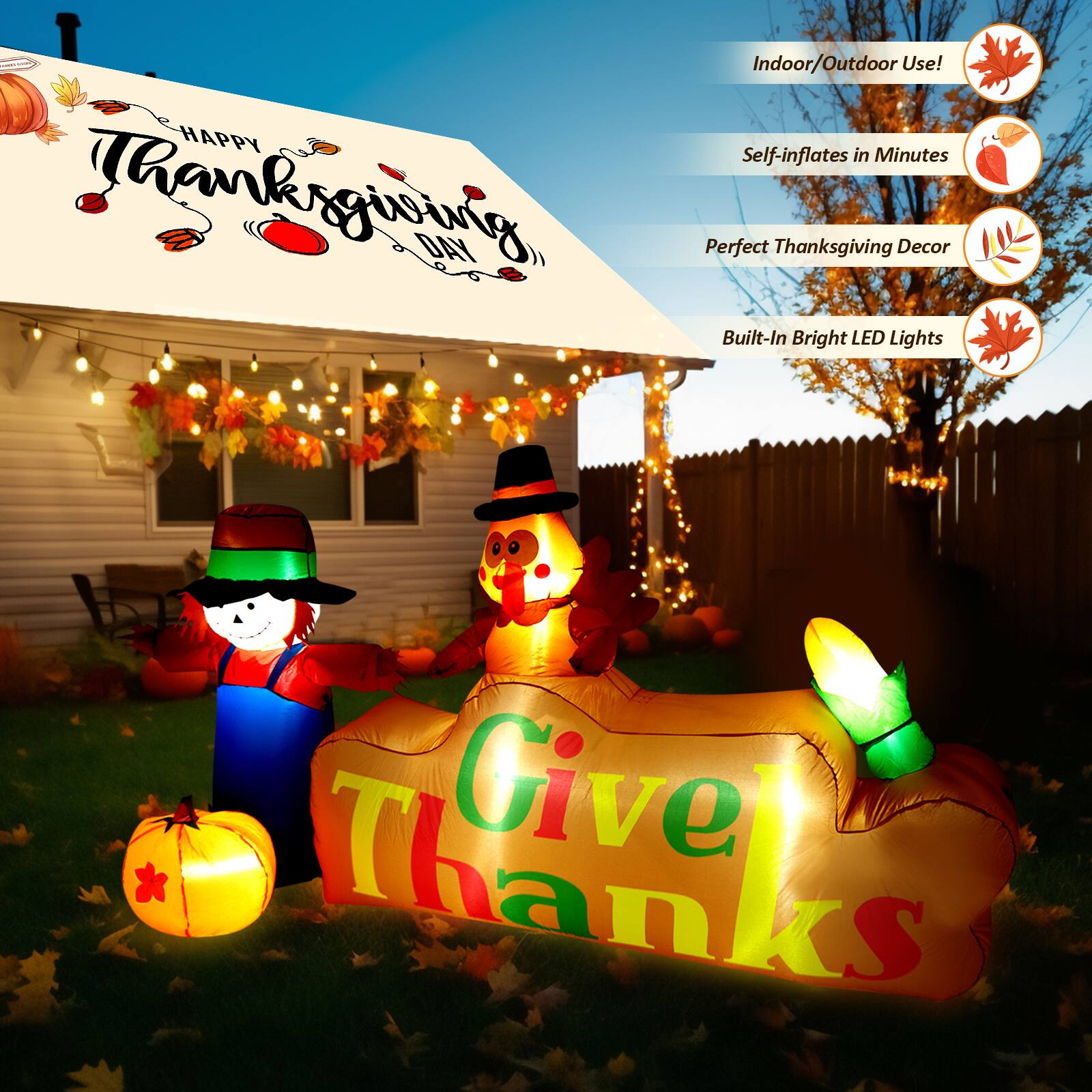 - Indoor/Outdoor Use!
- Self-inflates in Minutes
- Perfect Thanksgiving Decor
- Built-In Bright LED Lights

- Happy Thanksgiving Day
- Give Thanks