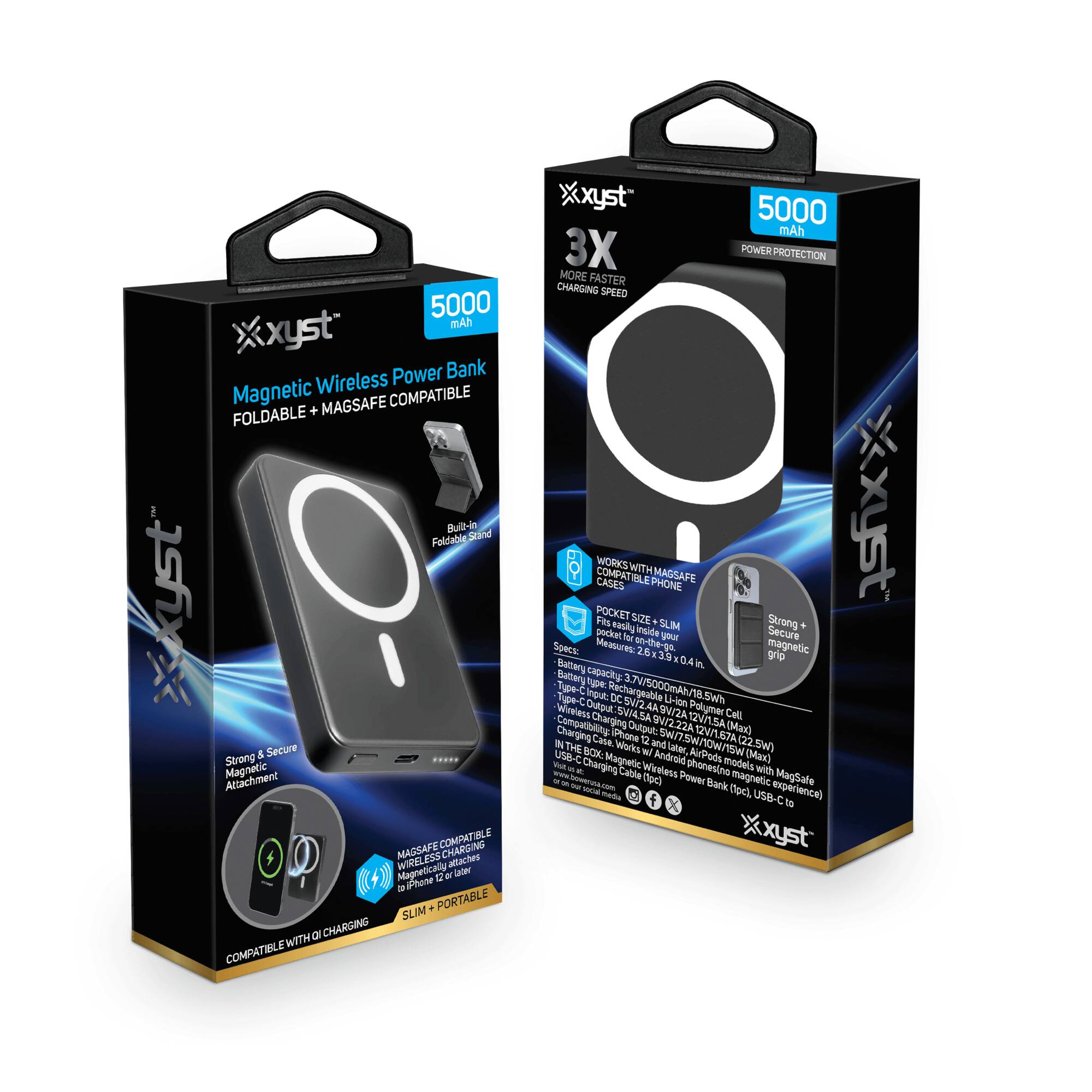 Sure, here is the corrected and grouped text from the image:

---

**Xxyst**

**5000 mAh**

**Magnetic Wireless Power Bank**  
**FOLDABLE + MAGSAFE COMPATIBLE**

**3X FASTER CHARGING SPEED**

**POWER PROTECTION**

**Built-in Foldable Stand**

**Strong & Secure Magnetic Attachment**

**MAGSAFE COMPATIBLE WIRELESS CHARGING**  
**Works with iPhone 12 & later**

**SLIM + PORTABLE**

**COMPATIBLE WITH QI CHARGING**

**WORKS WITH MAGSAFE CASES**  
**FITS ALL SIZES + SLIM PHONE**

**Battery capacity: 3.7V/5000mAh**  
**Input: 5V/2A, 9V/2A, 12V/1.5A**  
**Output: 5V/2A, 9V/2A, 12V/1.5A**  
**Wireless Charging: 12W (Max)**  
**USB-C: 18W (Max)**  
**Input: USB-C**  
**Output: USB-C (Max 18W)**