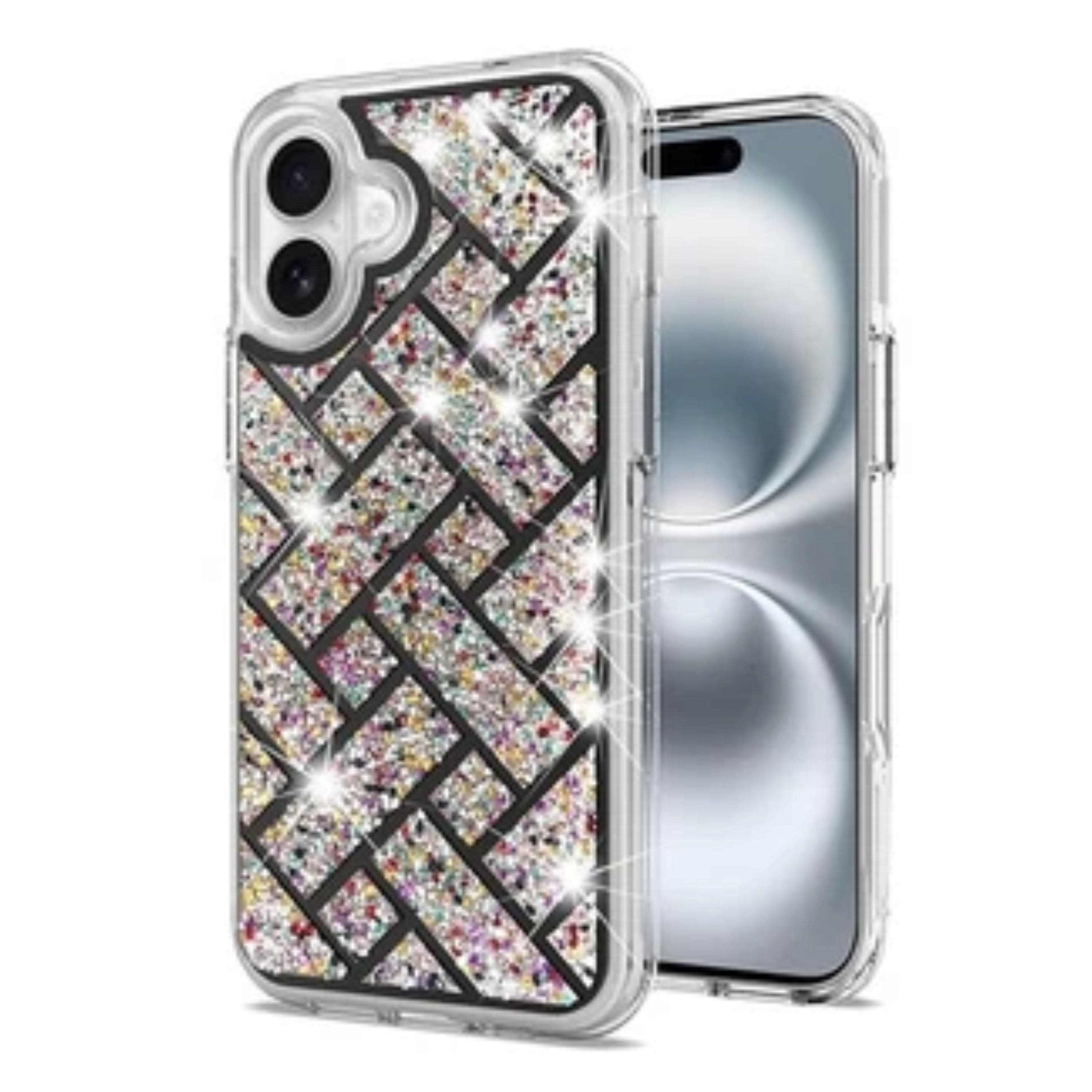 Kitcheniva - Shimmering Bling Hybrid Shockproof Phone Cover With Tempered Glass For iPhone 16 - Multicolor