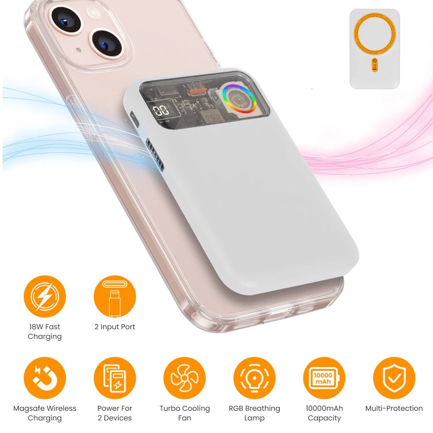- 18W Fast Charging
- 2 Input Port
- Magsafe Wireless Charging
- Power For 2 Devices
- Turbo Cooling Fan
- RGB Breathing Lamp
- 10000mAh Capacity
- Multi-Protection
