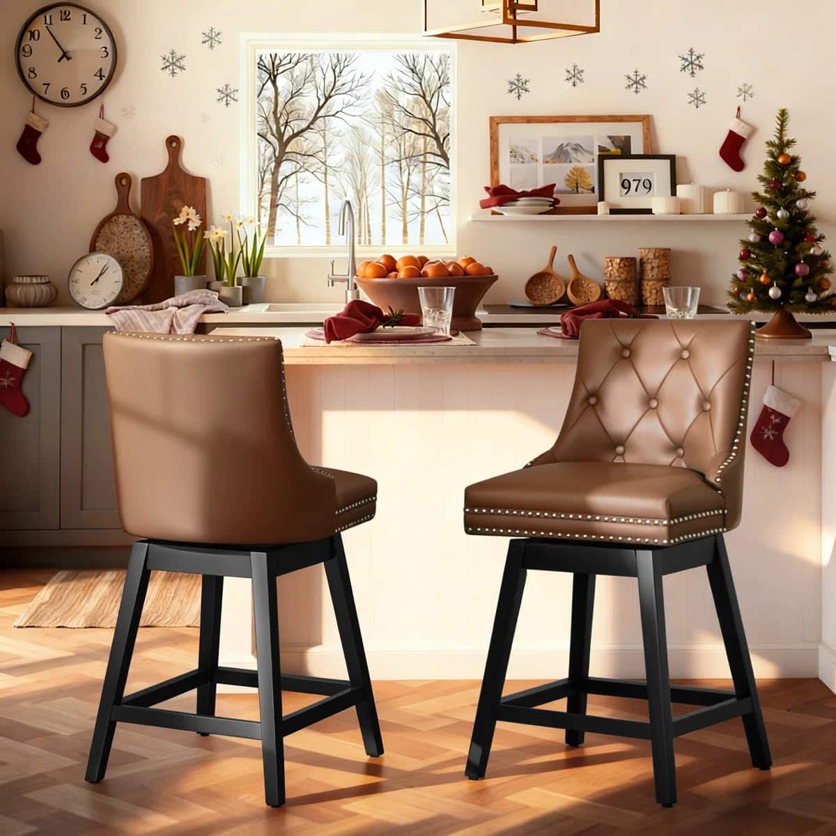 KERDOM - Swivel Bar Stools with Backs, 26" Counter Barstools Set of 2, PU Leather Upholstered Kitchen Island Chairs for Home Bar - Camel