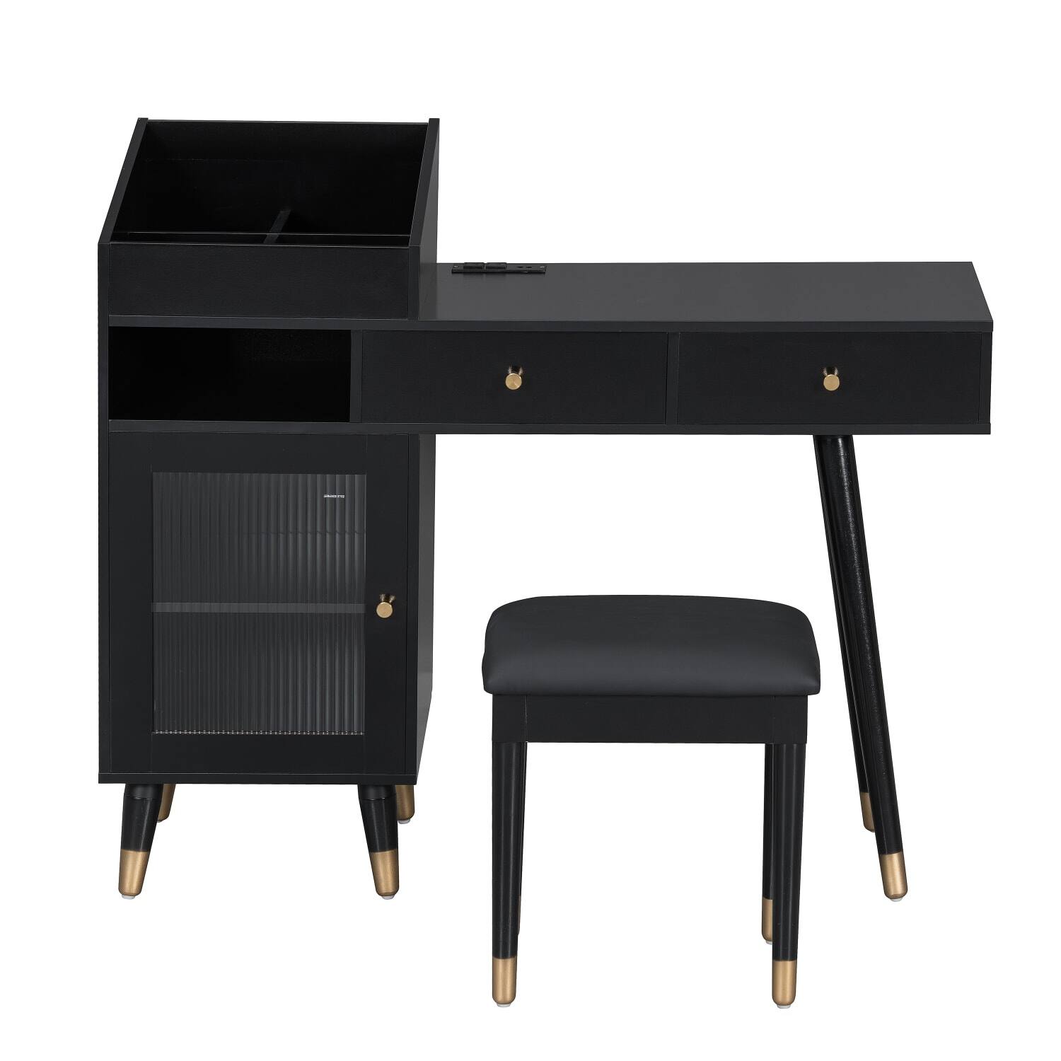Left. Lirago - Black Wood Dresser Table Desk Modern Makeup Vanity with Drawer for Small Spaces 44" W x 15.7" D x 38" H - Black.