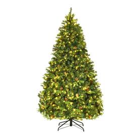 Gymax - Pre-Lit 7' Artificial Christmas Tree Premium Spruce Hinged 460 LED Lights Pine Cones - Green
