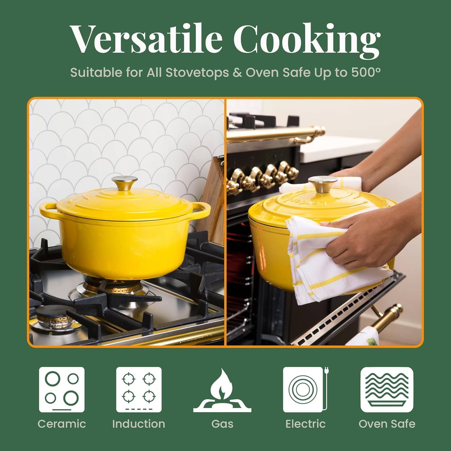 Versatile Cooking  
Suitable for All Stovetops & Oven Safe Up to 500°

Ceramic  
Induction  
Gas  
Electric  
Oven Safe