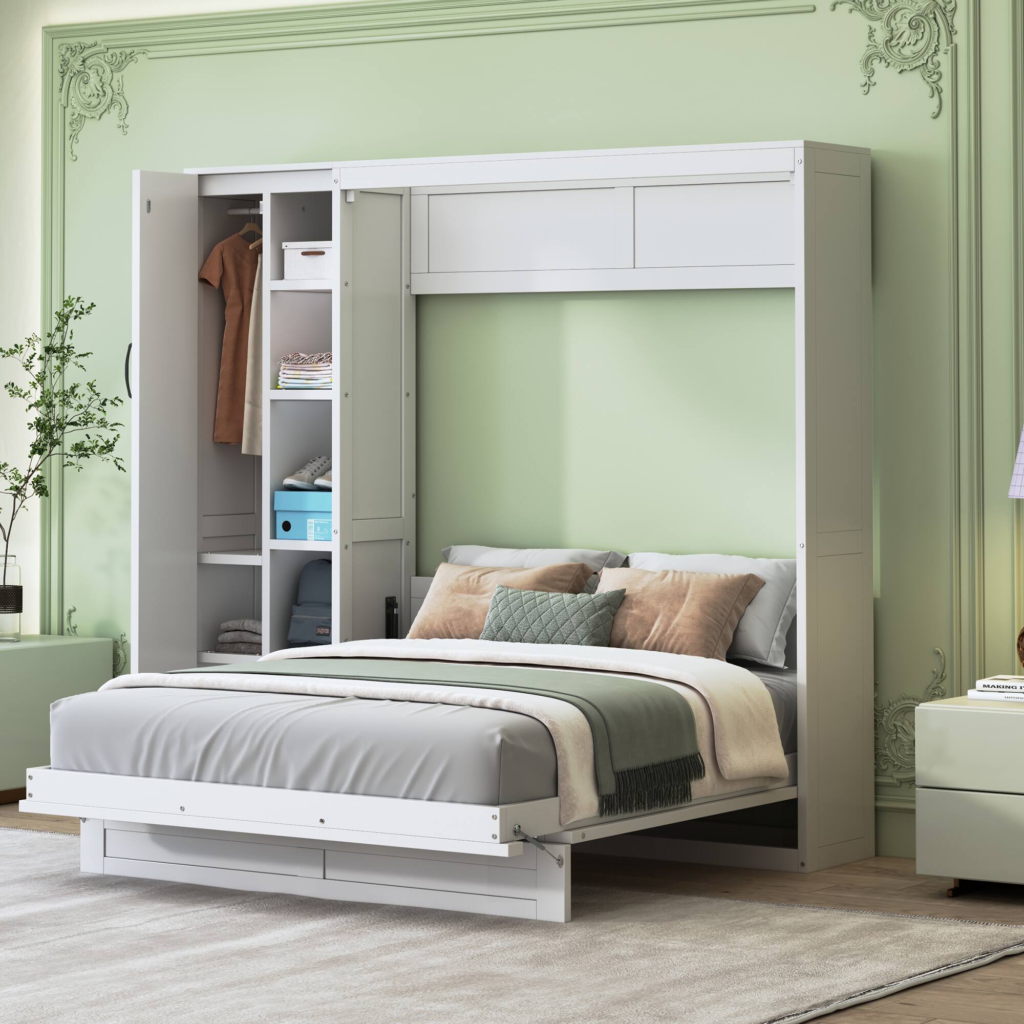 Angle. Tiramisubest - Full Size Murphy Bed with Shelves, Wardrobe & LED Lights, White, 82" L x 16" W x 83" H, 262 lbs - White.