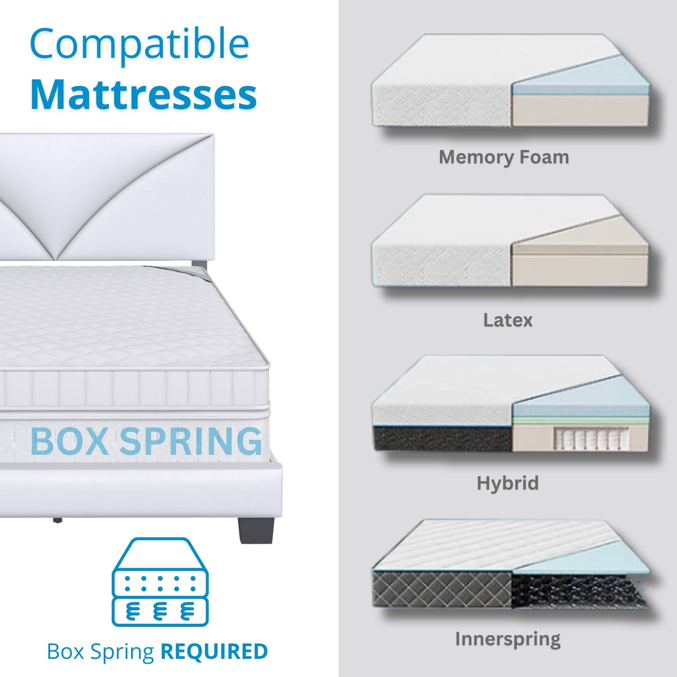 Compatible Mattresses

- Memory Foam
- Latex
- Hybrid
- Innerspring

Box Spring REQUIRED