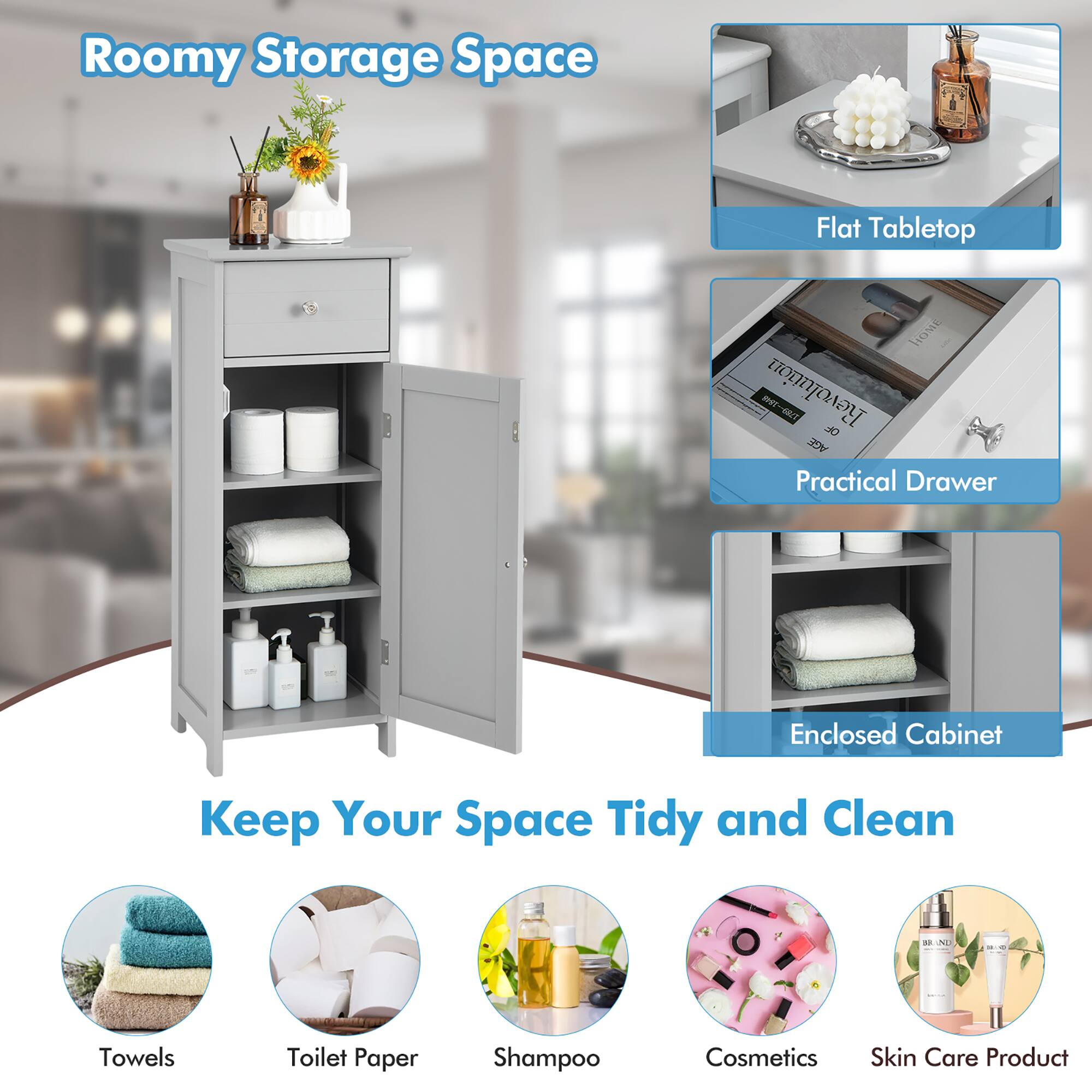 Roomy Storage Space  
Flat Tabletop  
HOME Revolution 1789-1845 1848 6921 AGE DE Practical Drawer  
Enclosed Cabinet  
Keep Your Space Tidy and Clean  

BRAND  
-  

Towels  
Toilet Paper  
Shampoo  
Cosmetics  
Skin Care Product