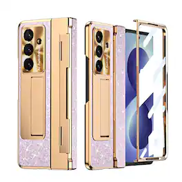 Dteck - Shockproof Glitter Case for Samsung Galaxy Z Fold8 Ultra with Stand, Rigid Plastic Hinge Cover Built in Screen Protector - Pink