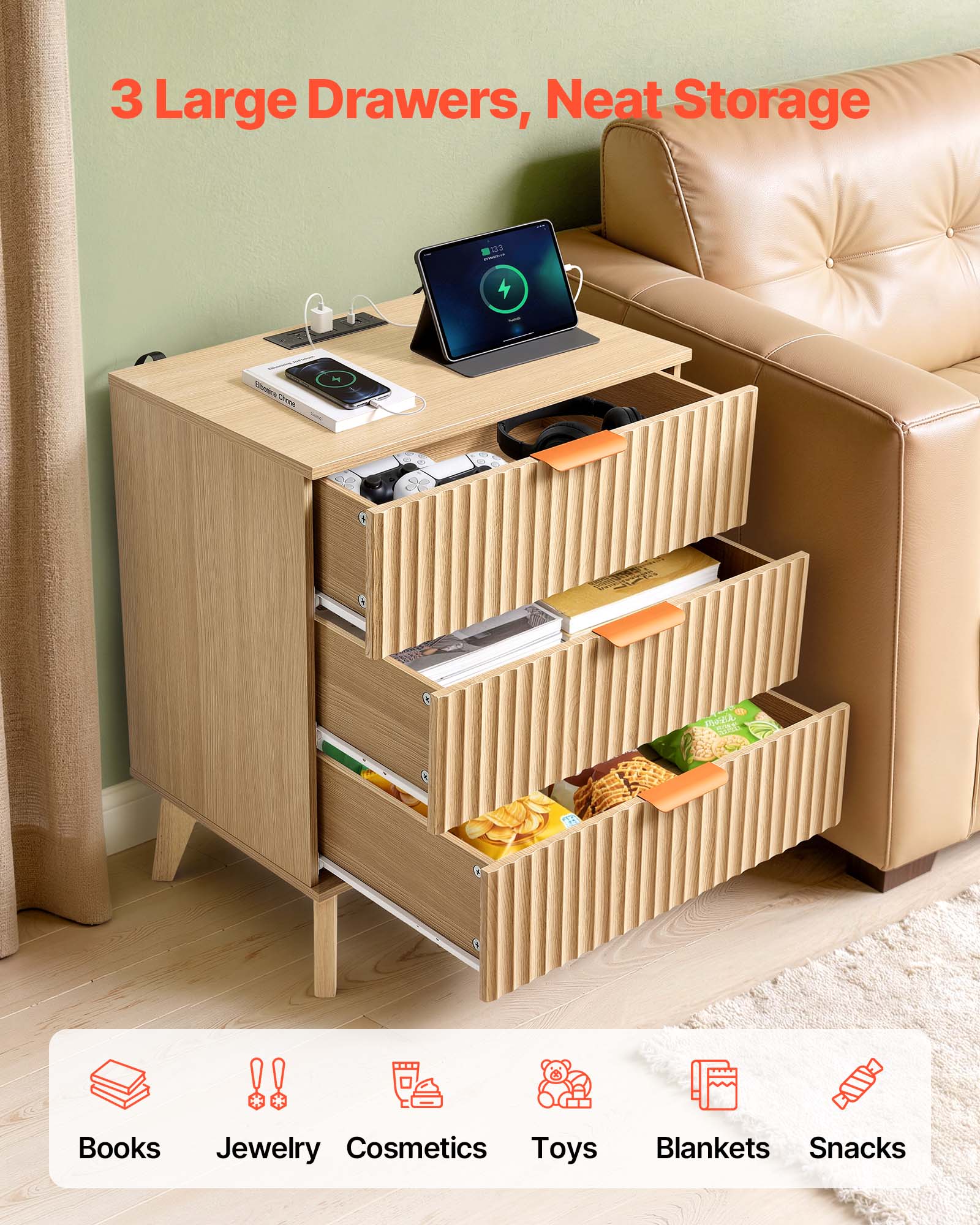 3 Large Drawers, Neat Storage

Books, Jewelry, Cosmetics, Toys, Blankets, Snacks