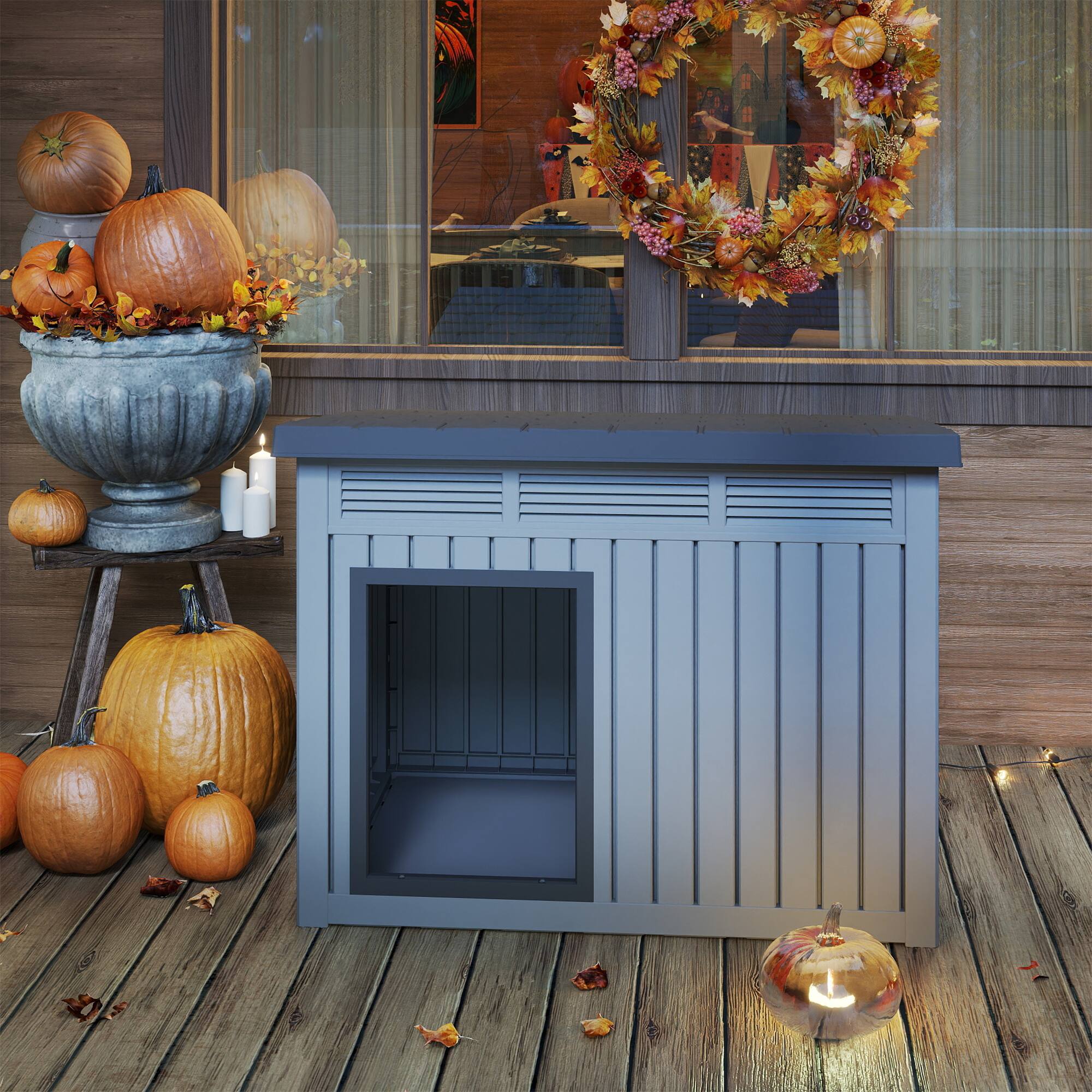 Left. Yardgrace - 259 Sloped Roof Gas Strut Dog House,Small Indoor/Outdoor Weatherproof Kennel, Easy Access, Compact for Chihuahua/Yorkie - Grey.