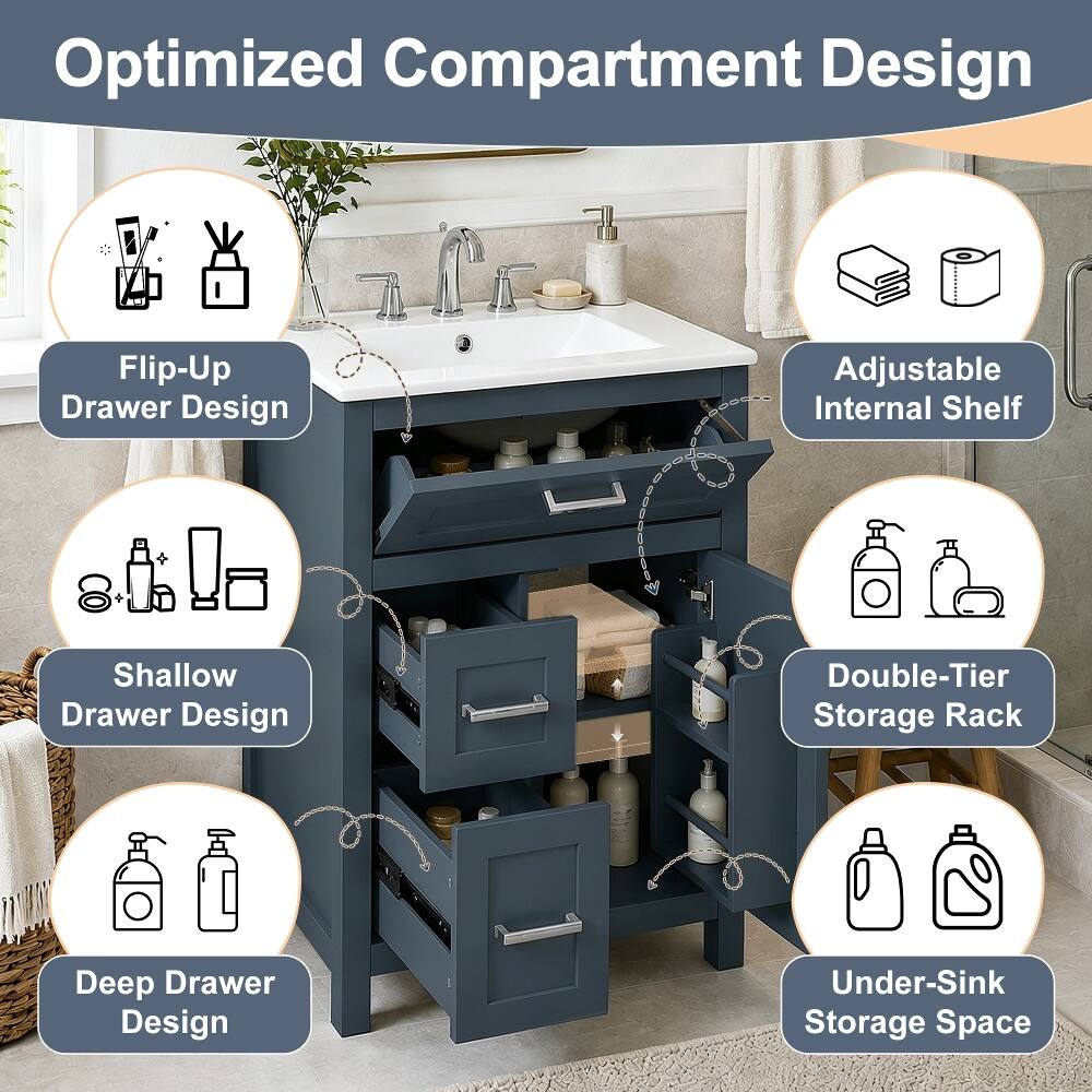 Optimized Compartment Design

- Flip-Up Drawer Design
- Adjustable Internal Shelf
- Shallow Drawer Design
- Double-Tier Storage Rack
- Deep Drawer Design
- Under-Sink Storage Space