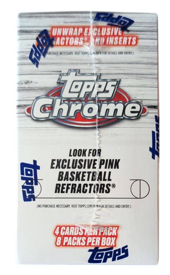 UNWRAP EXCLUSIVE ACTORS AND INSERTS  
(PURCHASE NECESSARY. VISIT TOPPS.COM/M/NPN FOR DETAILS AND ENTRY.)  

TOPPS Chrome  

LOOK FOR EXCLUSIVE PINK BASKETBALL REFRACTORS  
(NO PURCHASE NECESSARY. VISIT TOPPS.COM/NPN FOR DETAILS AND ENTRY.)  

4 CARDS PER PACK  
8 PACKS PER BOX  

TOPPS