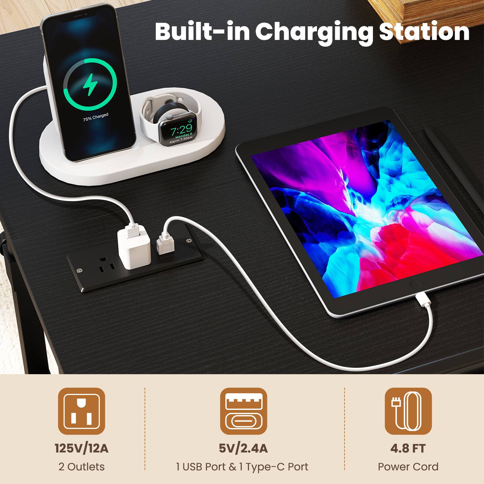Built-in Charging Station

75% Charged
7:29 Monday / Karm 23000

125V/12A 2 Outlets
5V/2.4A 1 USB Port & 1 Type-C Port
4.8 FT Power Cord