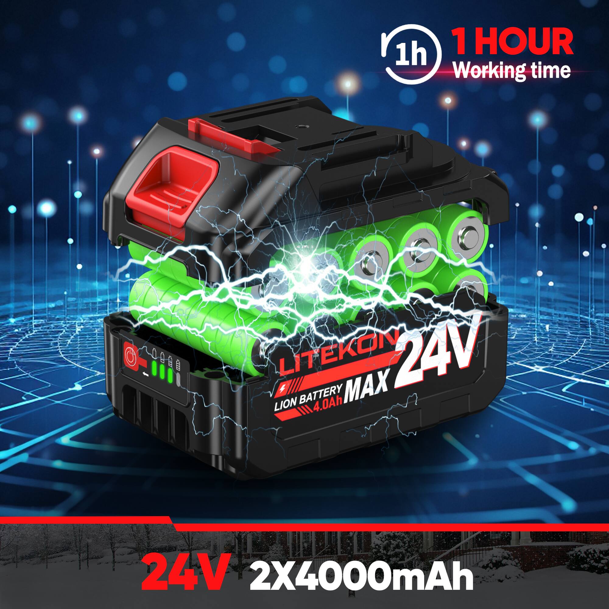 1h  
1 HOUR Working time  
0098 S  
LITEKON 4 MAX 24V LION BATTERY III  
W4.0Ah  
24V  
2X4000mAh