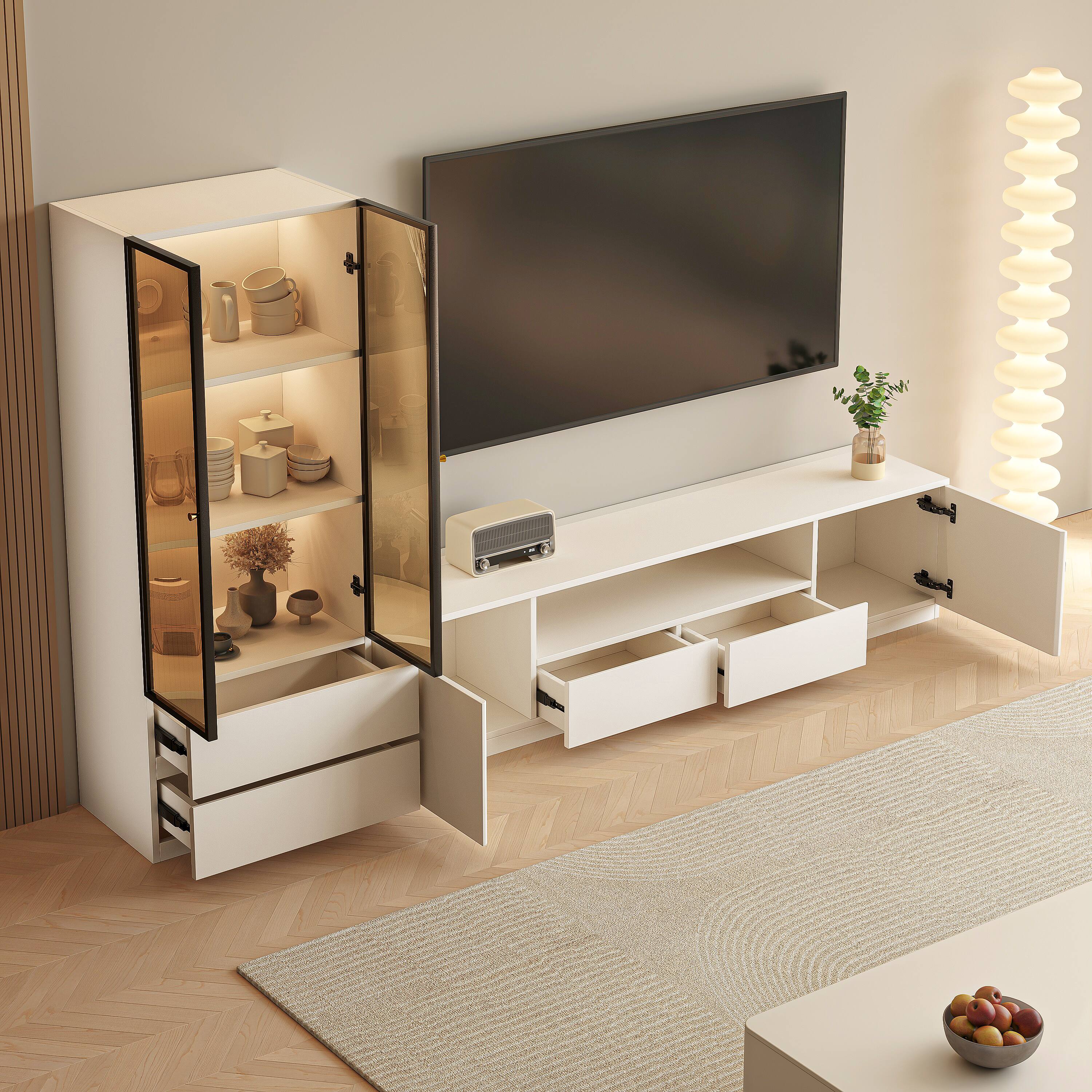 Alt View 2. MSOOB - White 2 Pieces Entertainment Center Modern Media Console Includes TV Stands And Lighted Glass Display Cabinet - White.