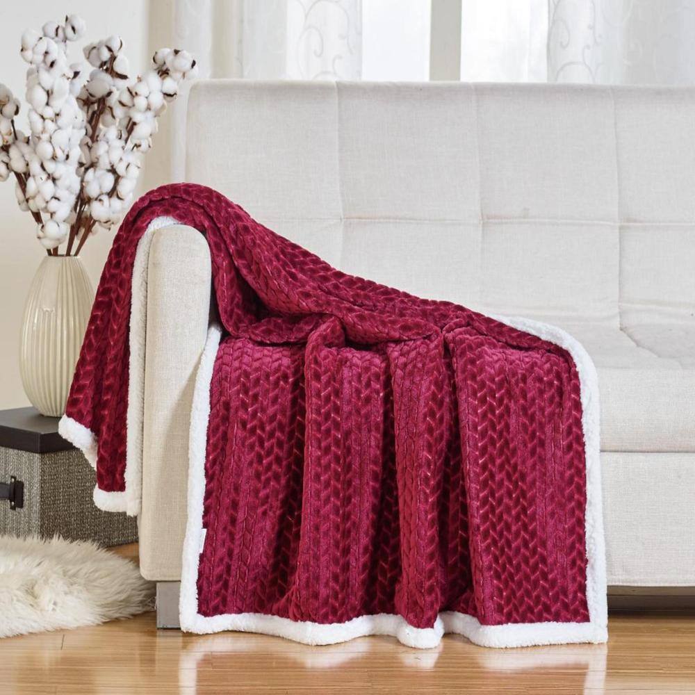 Alt View 1. Noble House - Soft Braided and Comfortable Plush All Season Sherpa 50" X 60" Throw Blanket, Burgundy - Burgundy.