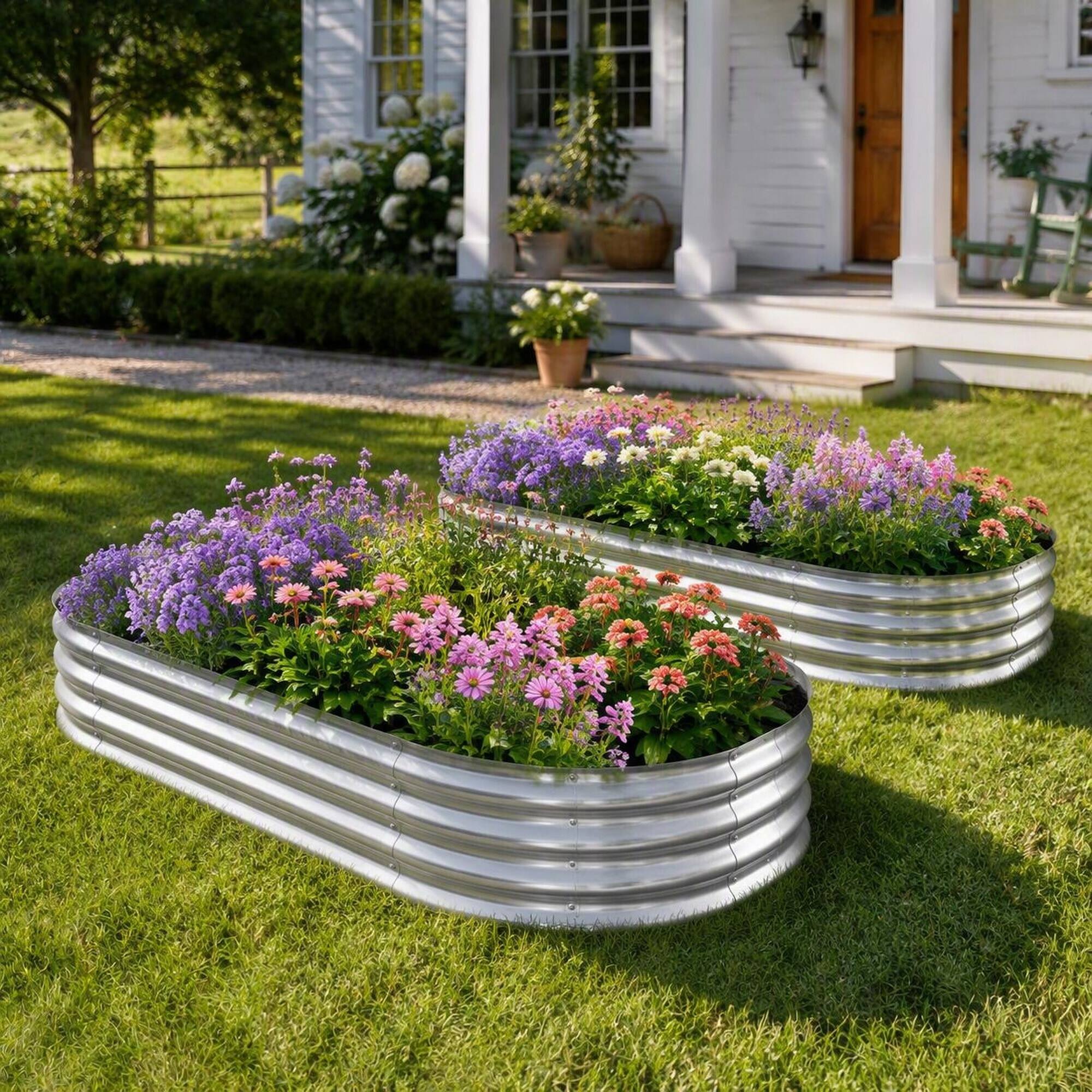 Angle. RYHNUYNE - 2 Pack Raised Garden Bed Kit 6x3x1ft Galvanized Steel Planter Box for Vegetables Flowers Herbs Outdoor Heavy Duty - Silver.