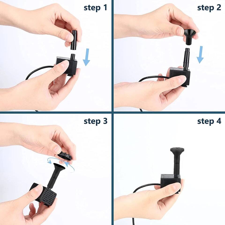 Step 1: Insert the small black component into the device.

Step 2: Attach the black cylindrical part to the device.

Step 3: Connect the black plug to the device.

Step 4: Hold the device with the black handle.